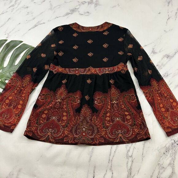 INC Womens Vintage Y2k Babydoll Top Size L Black Orange Paisley Mesh Sheer Trim - Picture 7 of 11